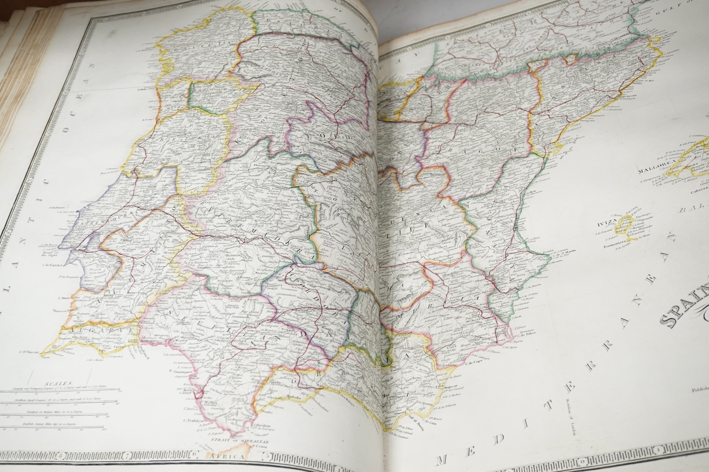 Wyld, James - A New General Atlas of Modern Geography ... including the latest geographical and nautical discoveries. 44 maps with generous outline hand colouring, within calibrated borders and with engraved titles (some
